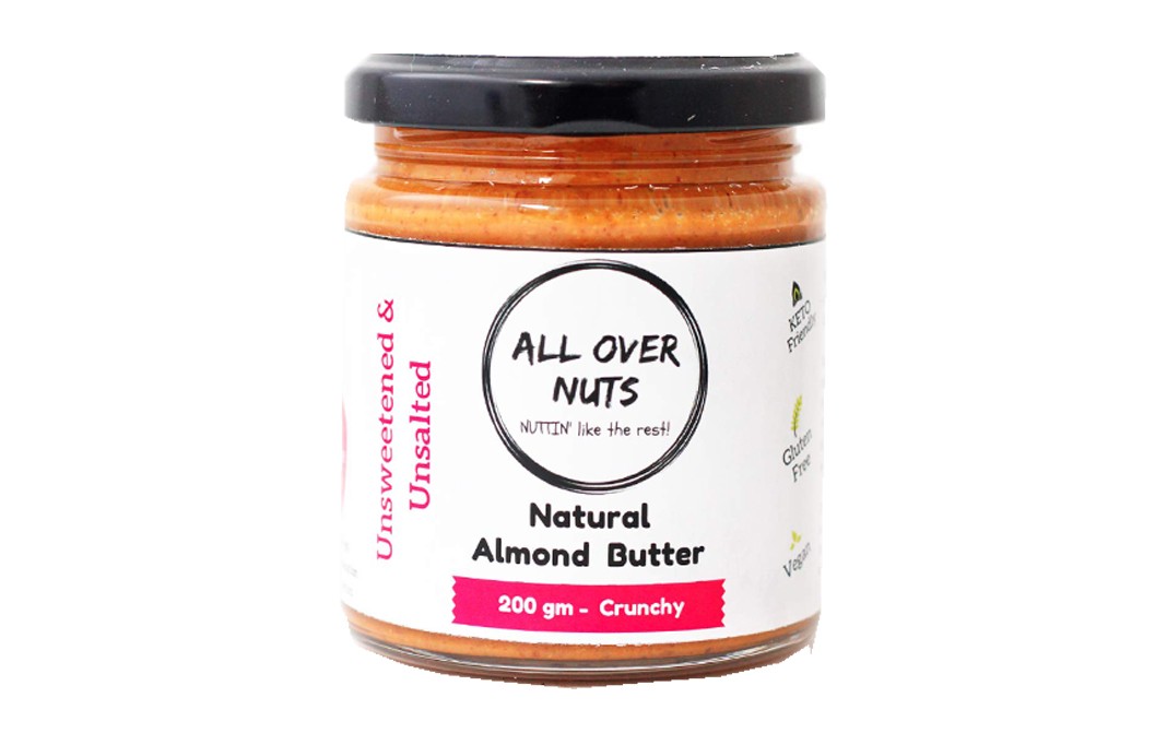 All Over Nuts Natural Almond Butter Crunchy   Glass Jar  200 grams